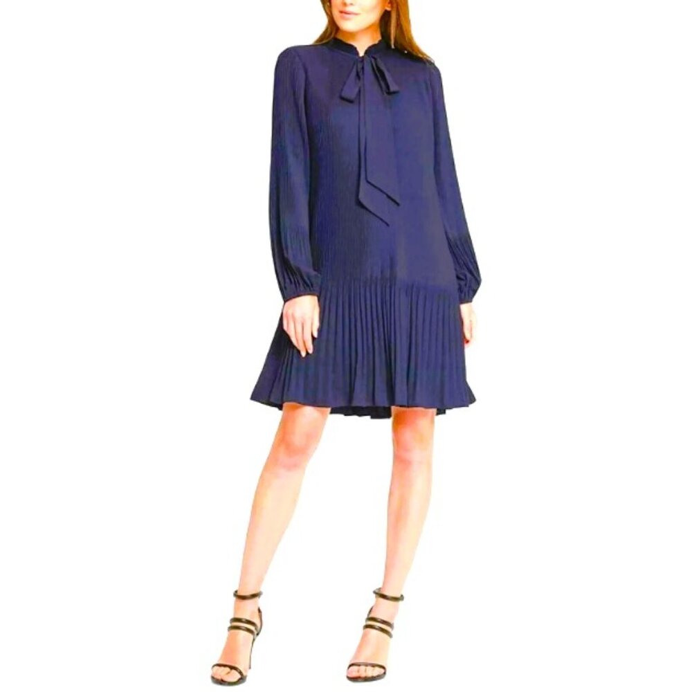 Navy Tie Neck Pleated Long Sleeve Dress 10